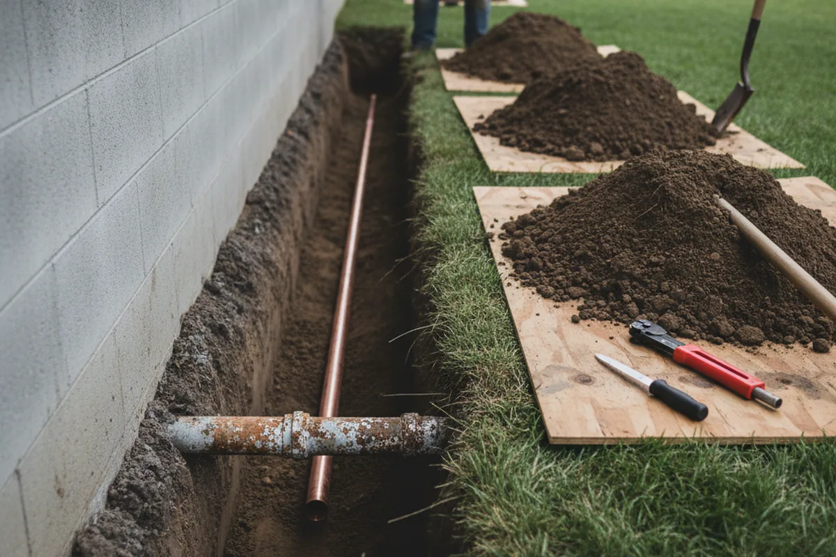 Excavated water line trench during Water Heater Repair in Ripley